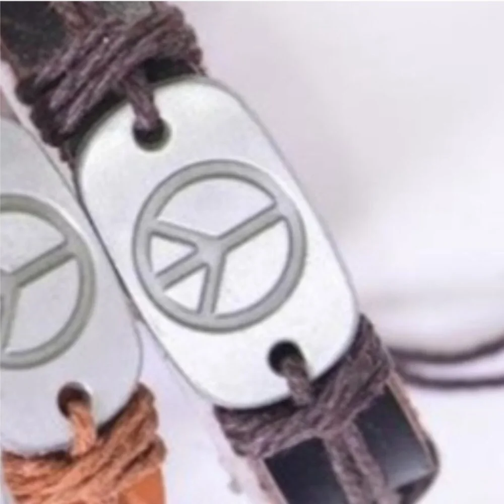 Leather Drawstring Bracelet (1) Dark Brown Peace Sign Adjustable tie close NEW